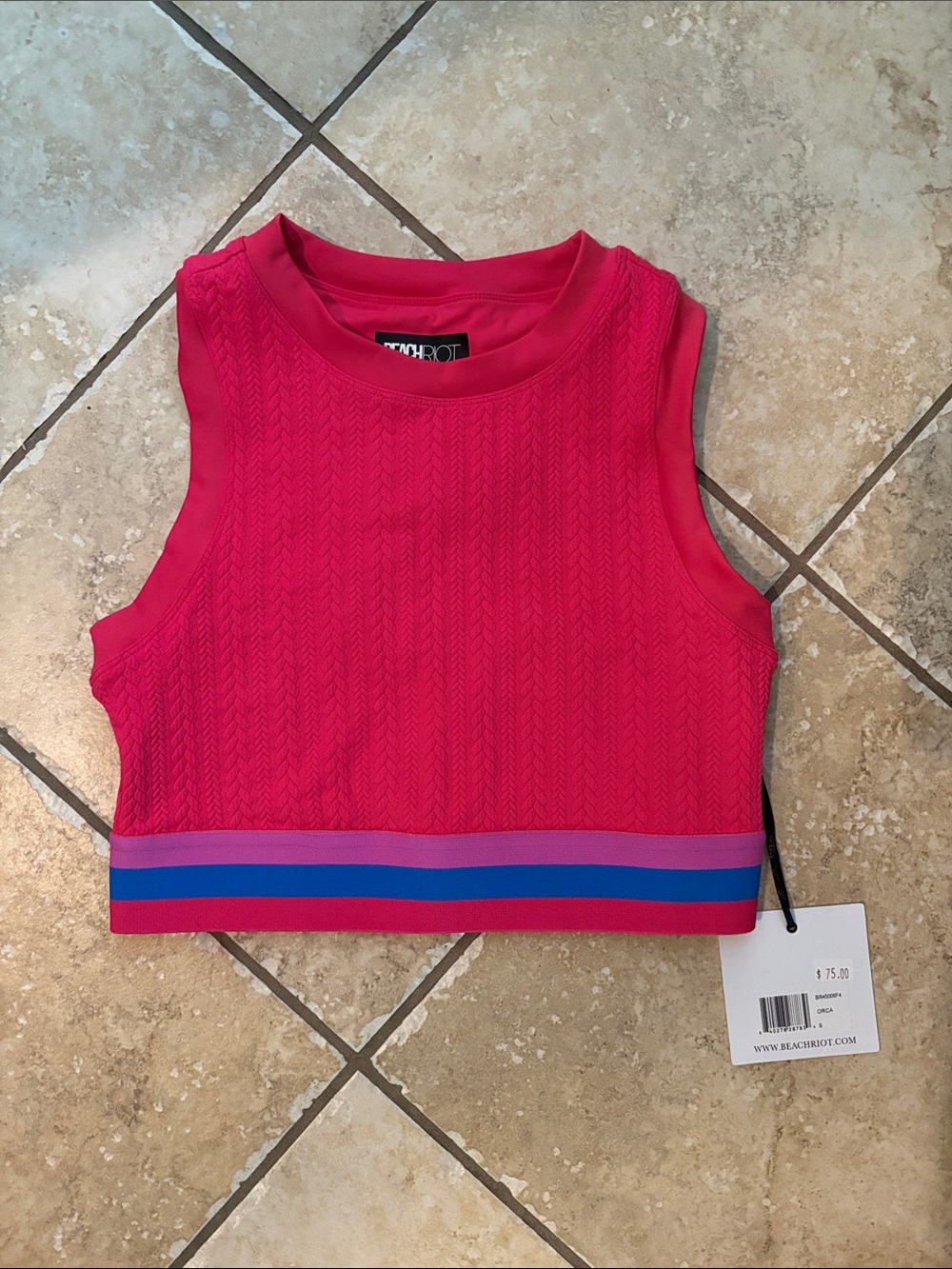 NWT Beach Riot Hot Pink Cropped Tank with Blue and Purple Stripe Hem